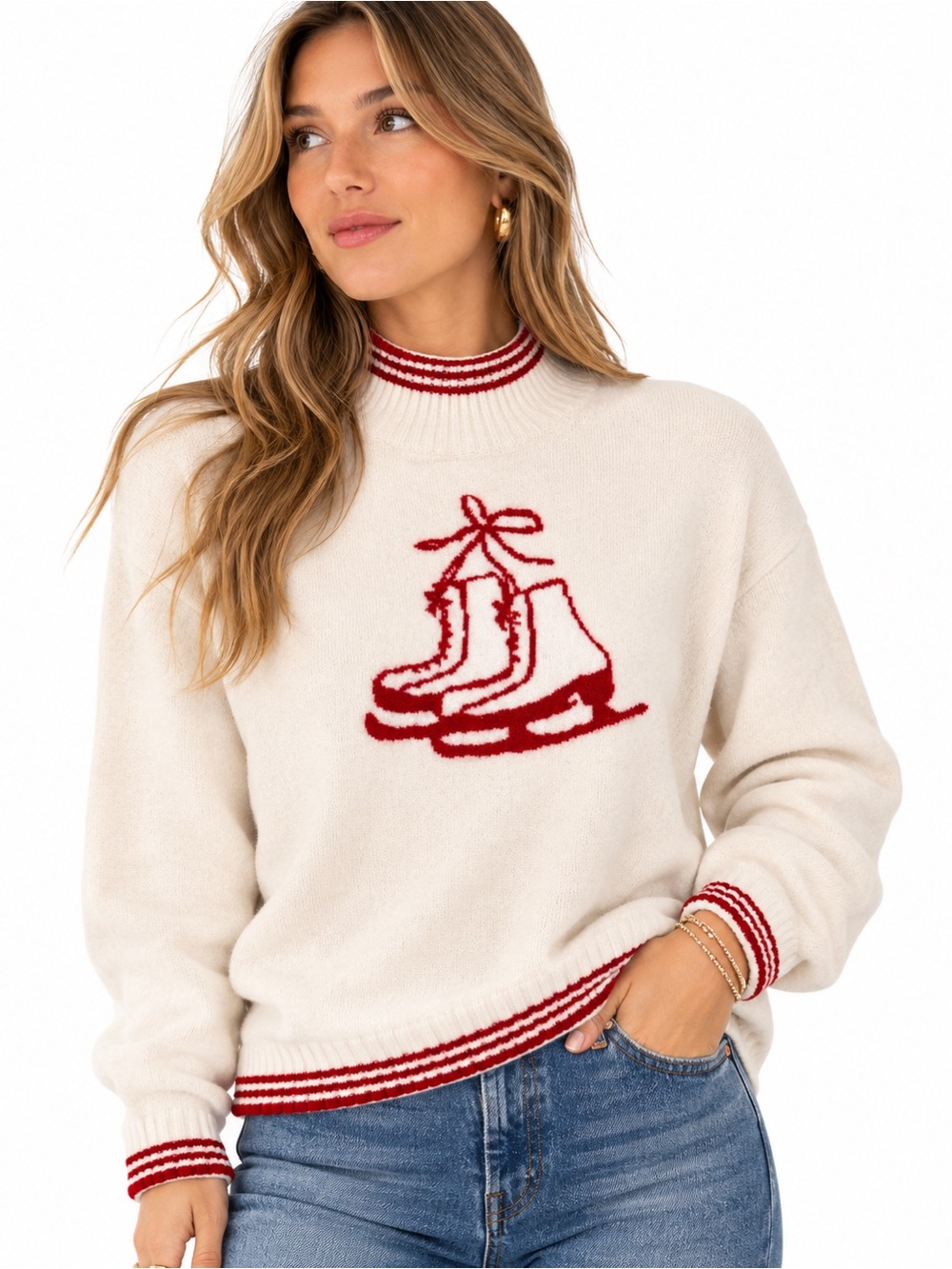 Loft Cream & Red Ice Skate Motif Mock Neck Sweater Medium